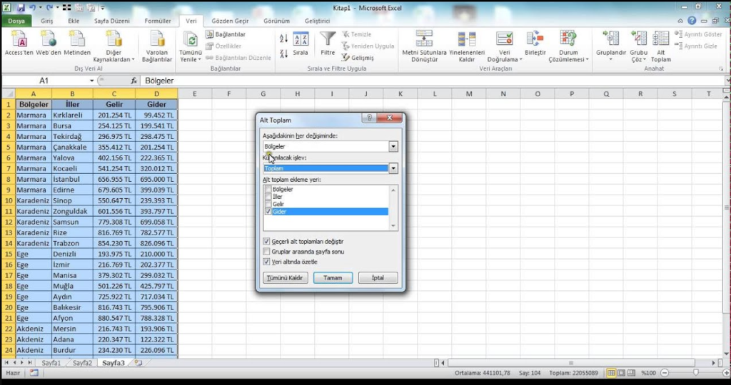 Excel de gizleme