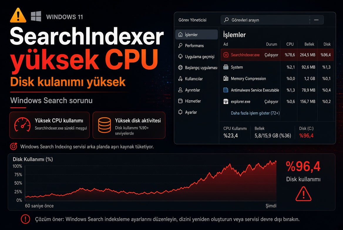 windows 11 searchindexer.exe yüksek cpu veya disk kullanıyor