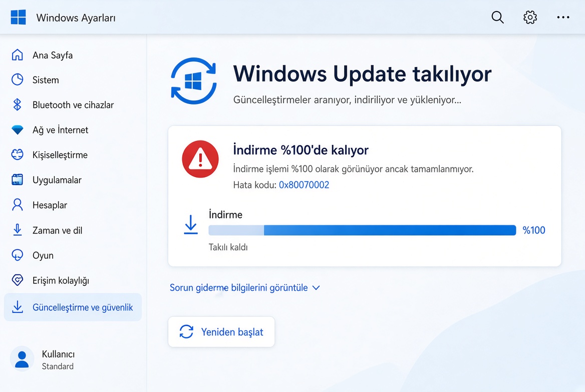 windows update takılıyor veya indirme yüzde 100 de kalıyor